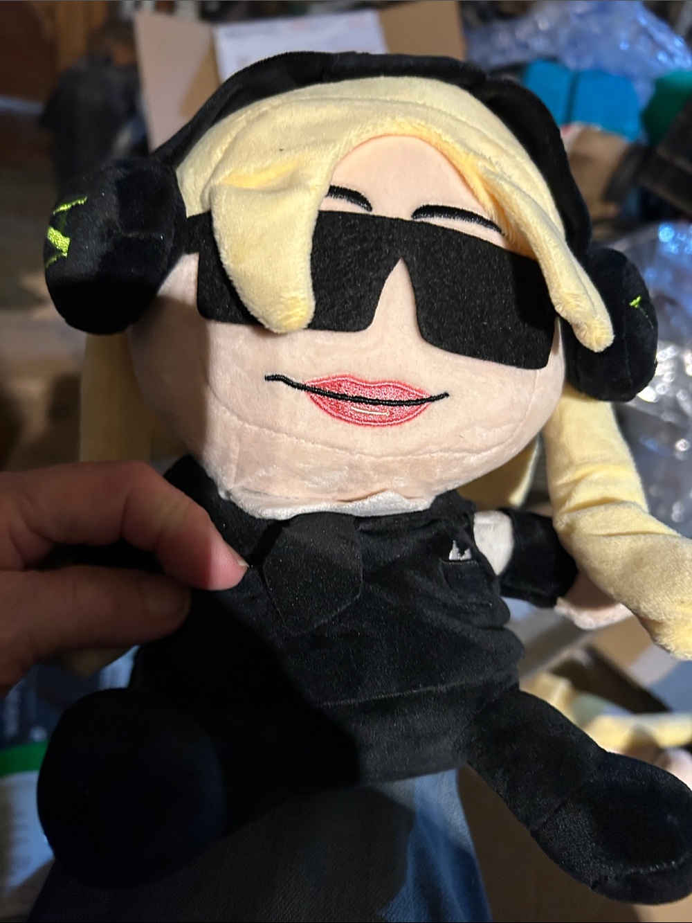 Plush Doll with Blonde Hair and Black Sunglasses
